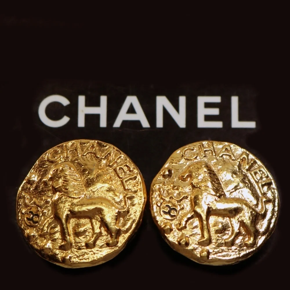 Chanel Lion Medallion Gold Plated Vintage Clip-on Earrings RARE! EUC ~ HOST PICK